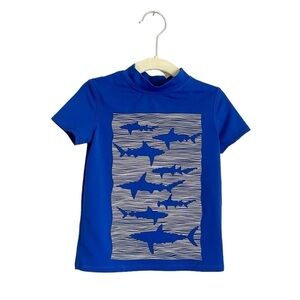 Lands’ End Toddler Shark Print Short Sleeve Rashguard 2T Royal Blue White
